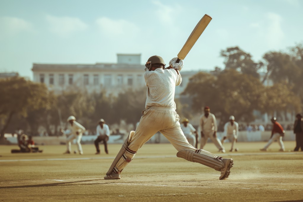 Cricket batsman mid-shot on a community ground